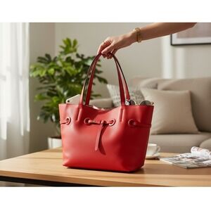 Pebbled Faux Leather Tote Bag Women Medium Red Very Good Drawstring Tie